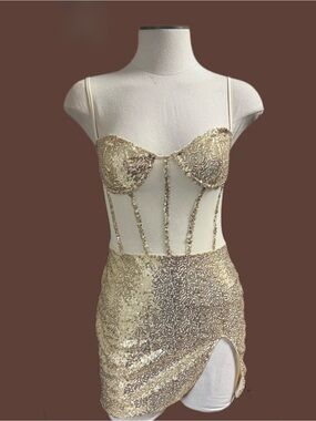 Gold Sequin Corset Mini Dress with Spaghetti Straps